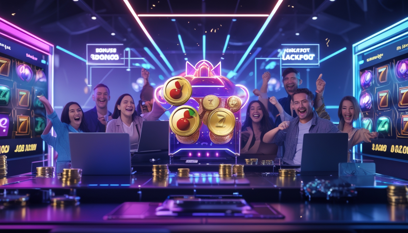 Orang-orang yang senang bermain mesin slot online di lingkungan kasino digital modern dengan tampilan antarmuka futuristik dan lampu neon.