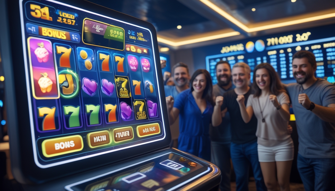 Orang-orang sedang bermain mesin slot online dengan layar digital besar dan simbol berwarna-warni di sebuah ruang permainan modern.