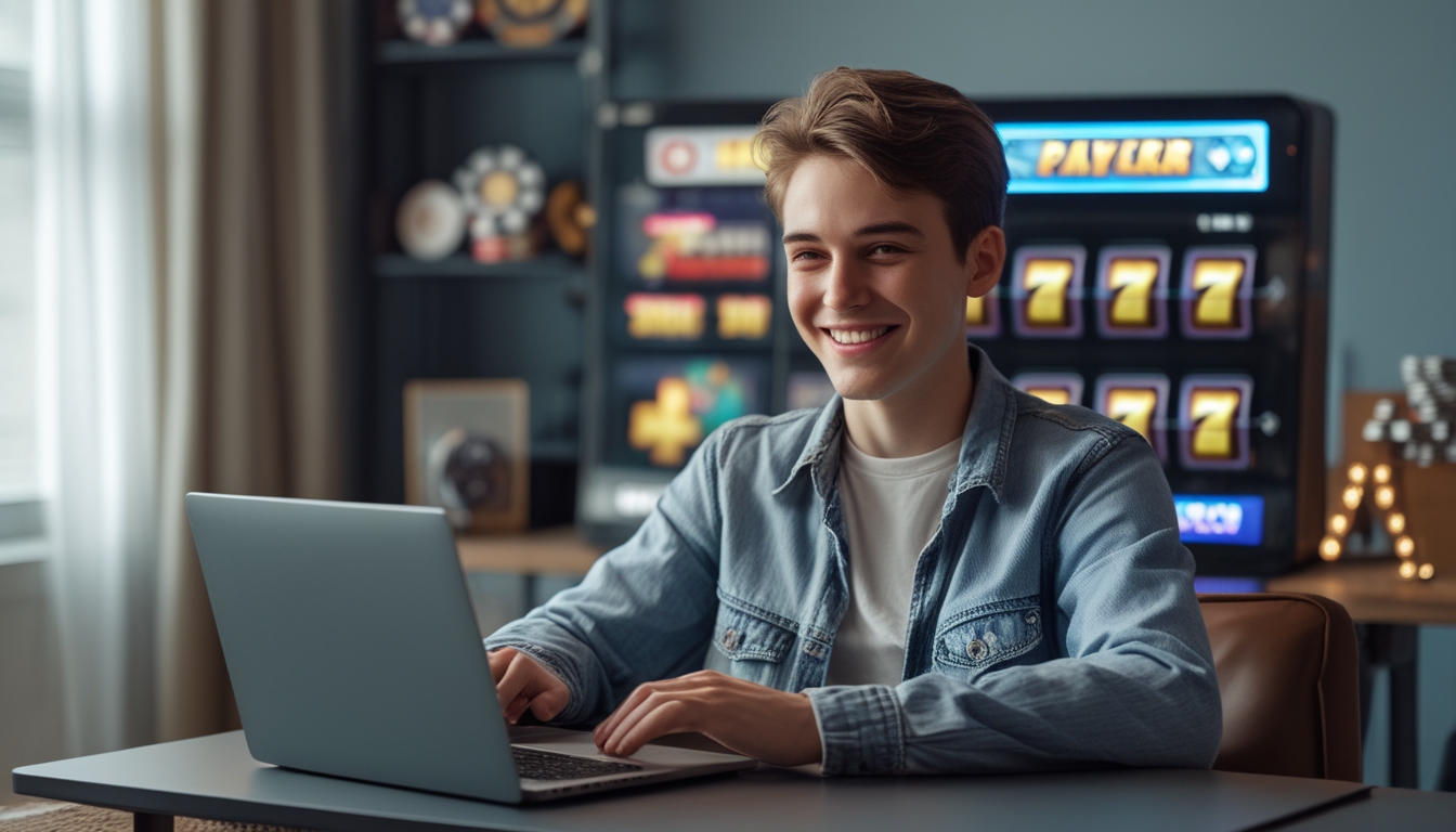 Seorang pemain muda tersenyum sambil menggunakan laptop dengan permainan slot online di layar di sebuah ruangan yang nyaman.