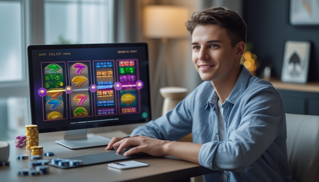 Seorang pemain muda duduk di depan laptop yang menampilkan permainan slot online dengan latar ruangan yang nyaman dan pencahayaan alami.