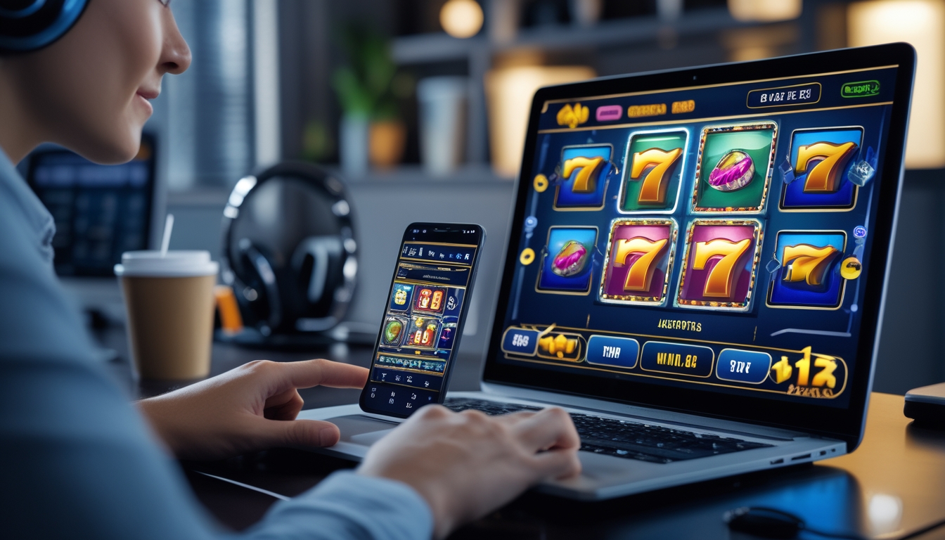 Seseorang menggunakan laptop dan ponsel dengan tampilan permainan slot online di ruang kerja modern.