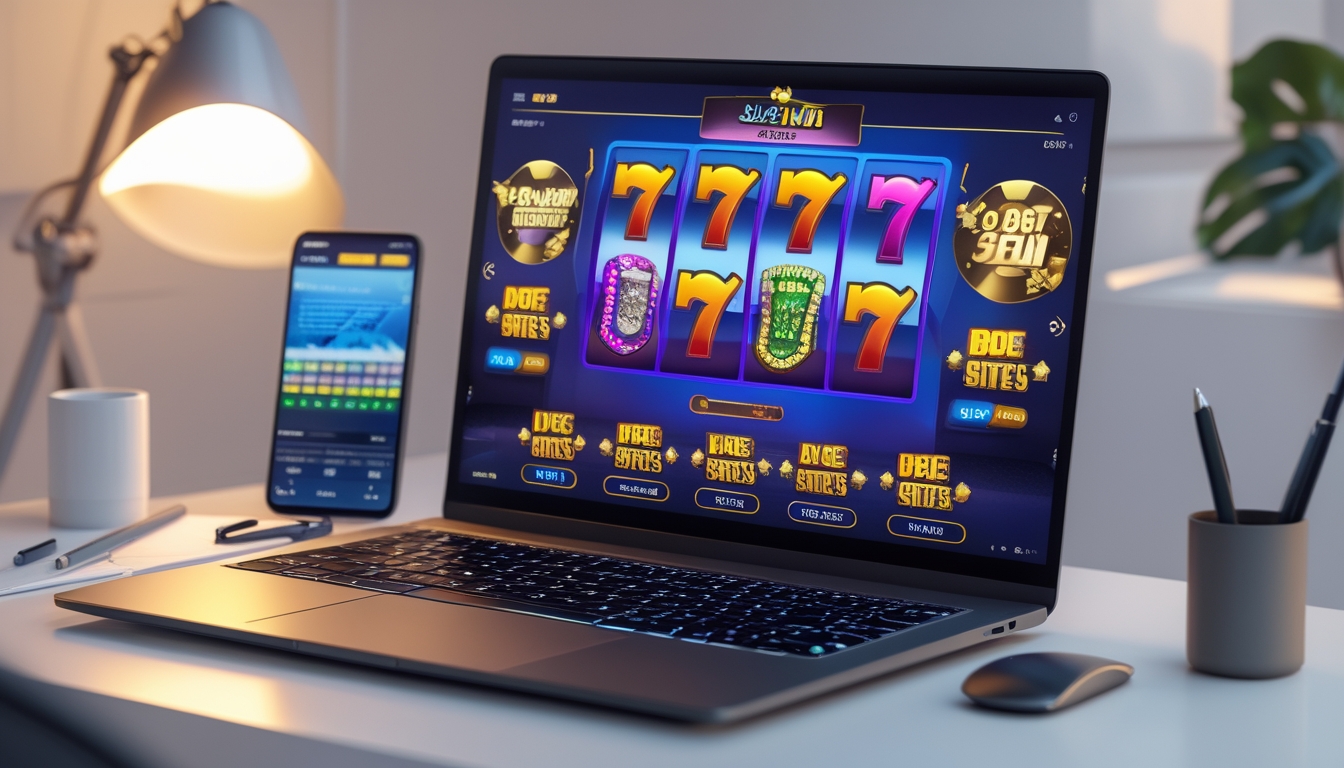 Seorang pemain menggunakan komputer dengan tampilan permainan slot online berwarna-warni dan simbol jackpot, dikelilingi catatan dan smartphone yang menunjukkan statistik permainan.