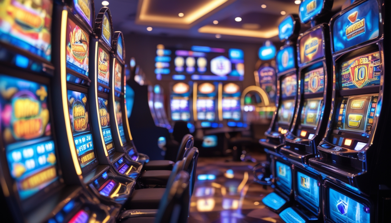 Deretan 15 mesin slot berwarna cerah di dalam kasino dengan pencahayaan lembut dan suasana yang hidup.