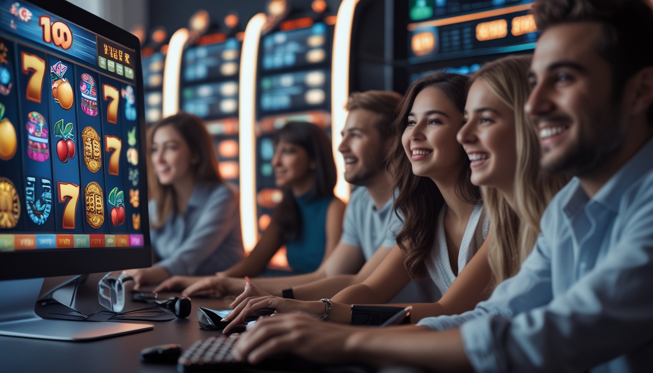 Beberapa orang muda sedang bermain mesin slot online di sebuah ruangan modern dengan komputer dan ekspresi antusias.