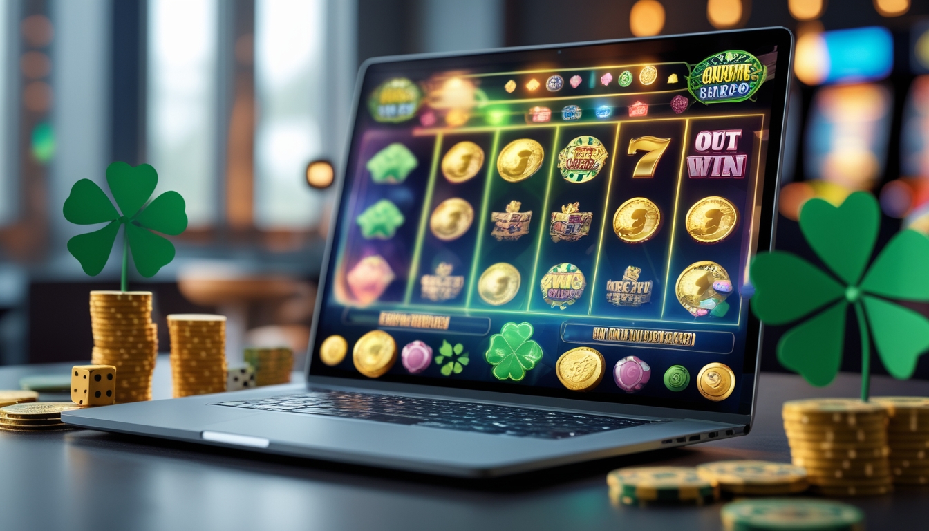 Sebuah komputer menampilkan permainan slot online dengan simbol jackpot dan elemen keberuntungan di sekitarnya.
