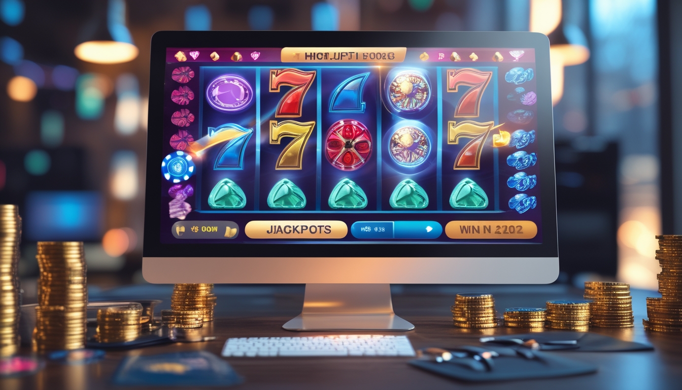 Meja kerja dengan monitor menampilkan permainan slot online berwarna cerah, dikelilingi chip poker dan koin emas.