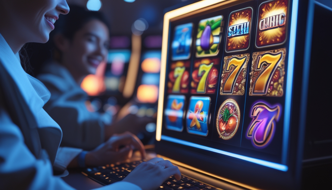 Seorang pemain sedang menggunakan perangkat dengan layar menampilkan permainan slot online berwarna cerah dan simbol jackpot.