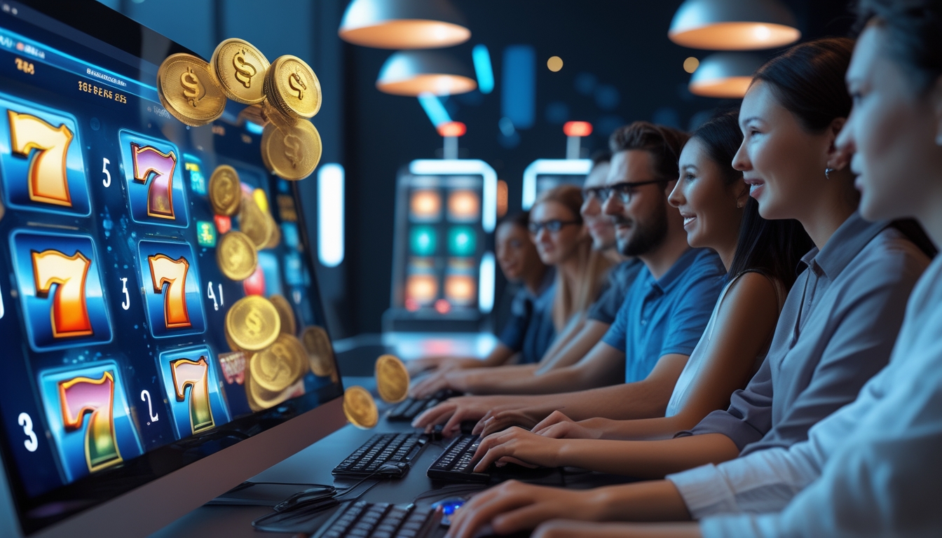 Beberapa orang fokus bermain slot online di perangkat digital dengan latar belakang lampu dan elemen digital yang menyala.