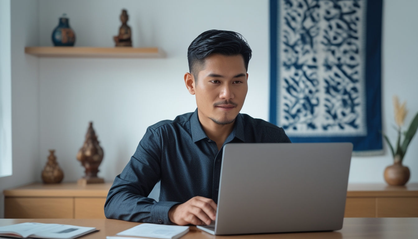 Seorang pria Indonesia menggunakan laptop di ruang kerja modern dengan hiasan batik dan patung kayu di latar belakang.