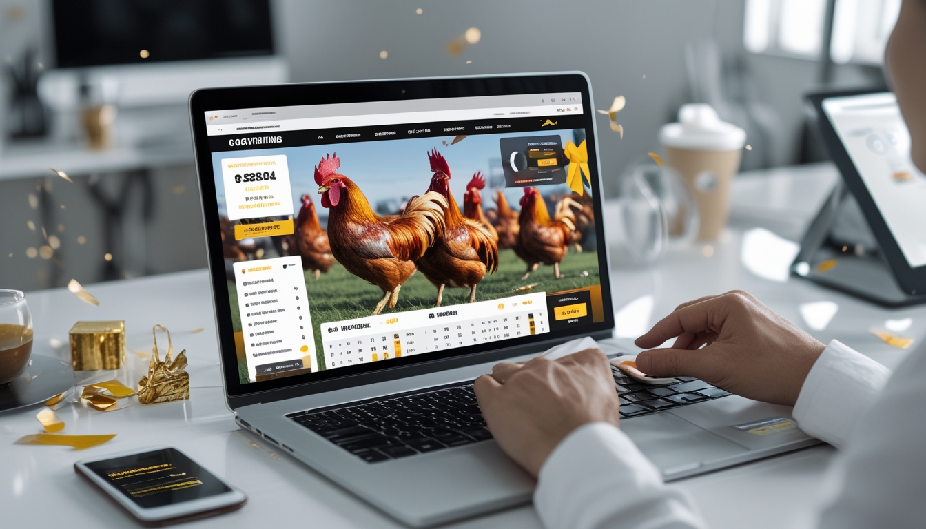 Seorang pengguna sedang melihat situs taruhan sabung ayam online di layar komputer di ruang kerja yang rapi dan terang.