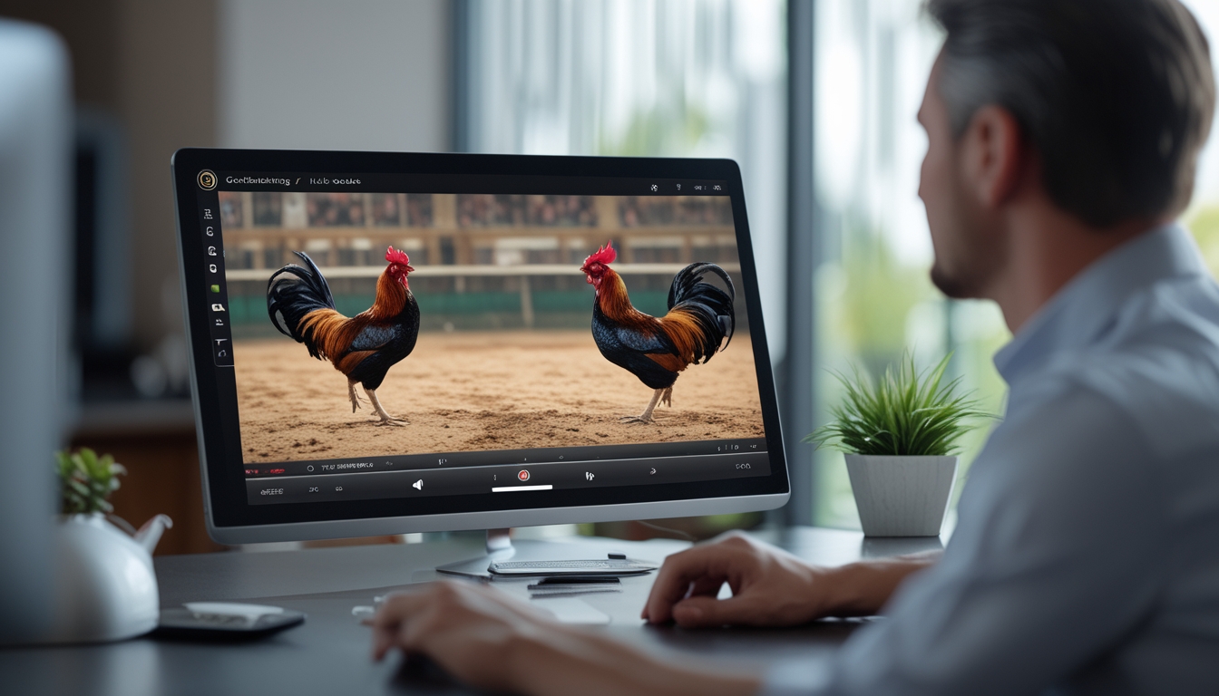 Tampilan layar perangkat yang menampilkan pertandingan sabung ayam secara langsung dengan kualitas video yang jernih.