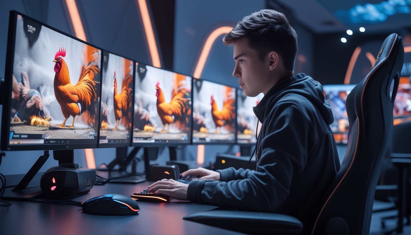 Seorang pria muda sedang bermain game sabung ayam online di depan beberapa monitor dengan suasana ruangan yang modern dan terang.