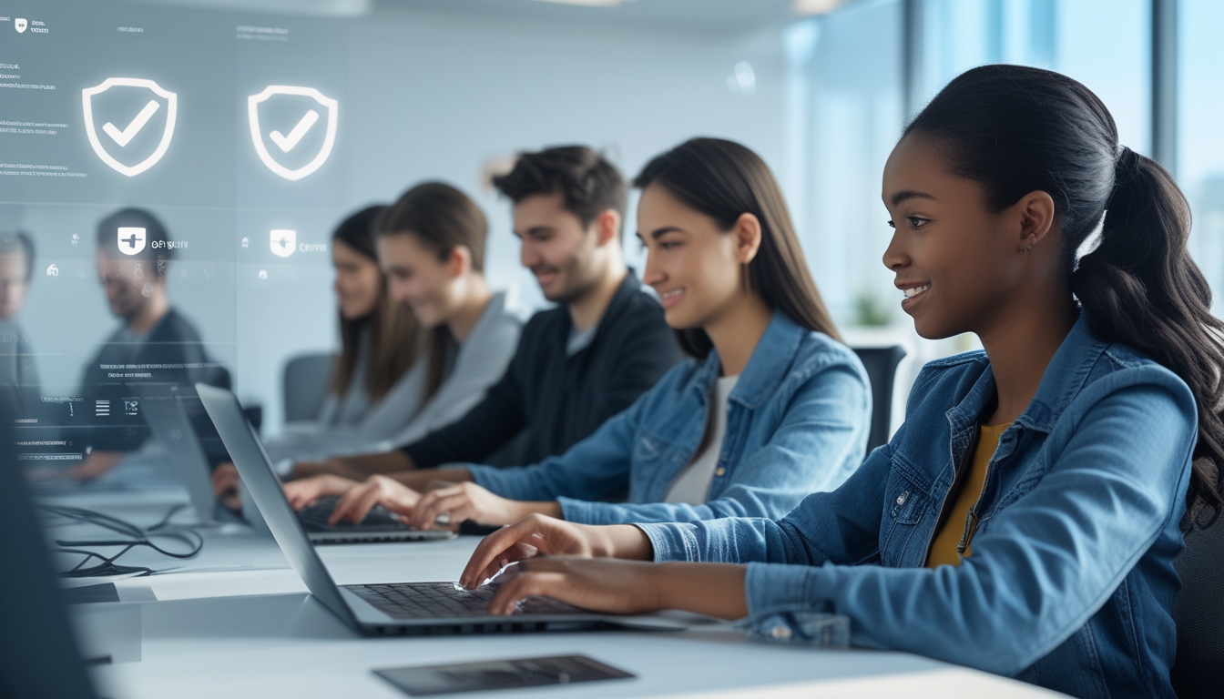 Beberapa orang muda sedang menggunakan laptop dan ponsel di meja kantor untuk mendaftar dan memverifikasi akun secara online.