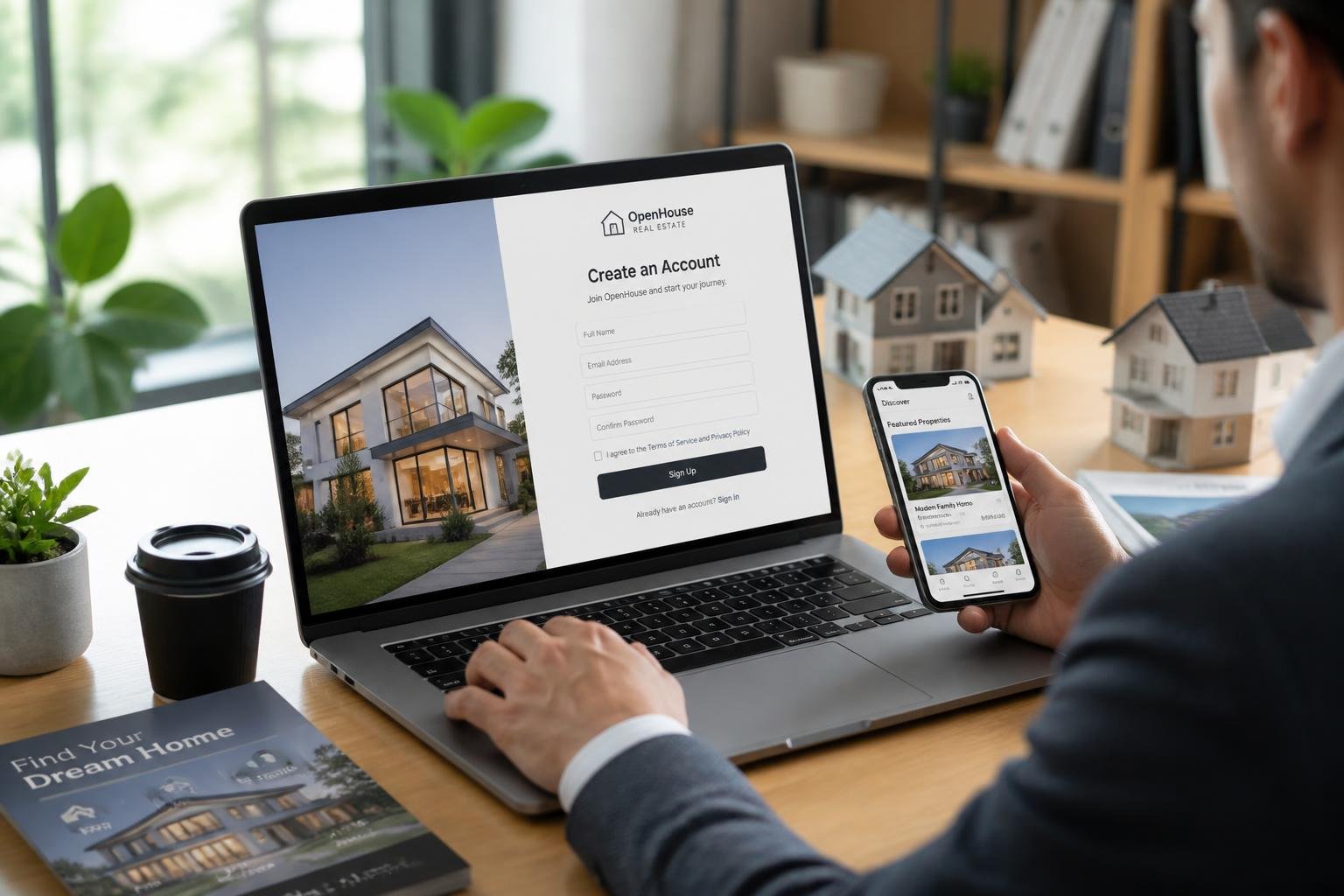 How to Sign Up for Showcase IDX Person signing up on a laptop at a desk with real estate items and a smartphone nearby.