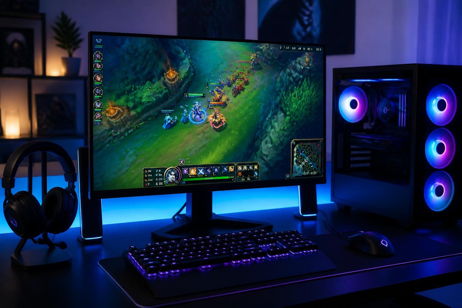 A modern gaming setup with a desktop computer showing a colorful League of Legends game screen and gaming accessories in a clean gaming room.