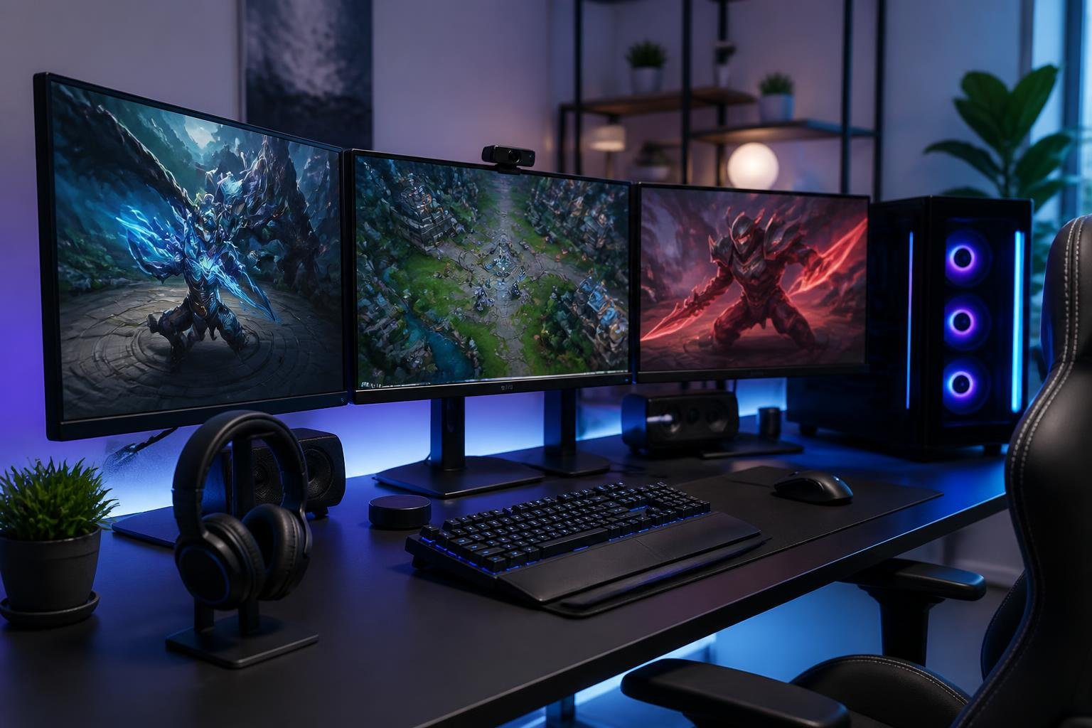 A modern workspace with a computer setup showing colorful game graphics and gaming accessories on the desk.