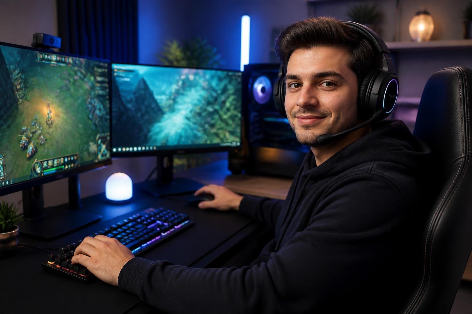 A young adult gamer focused on playing a game at a desk with multiple monitors in a modern gaming room.