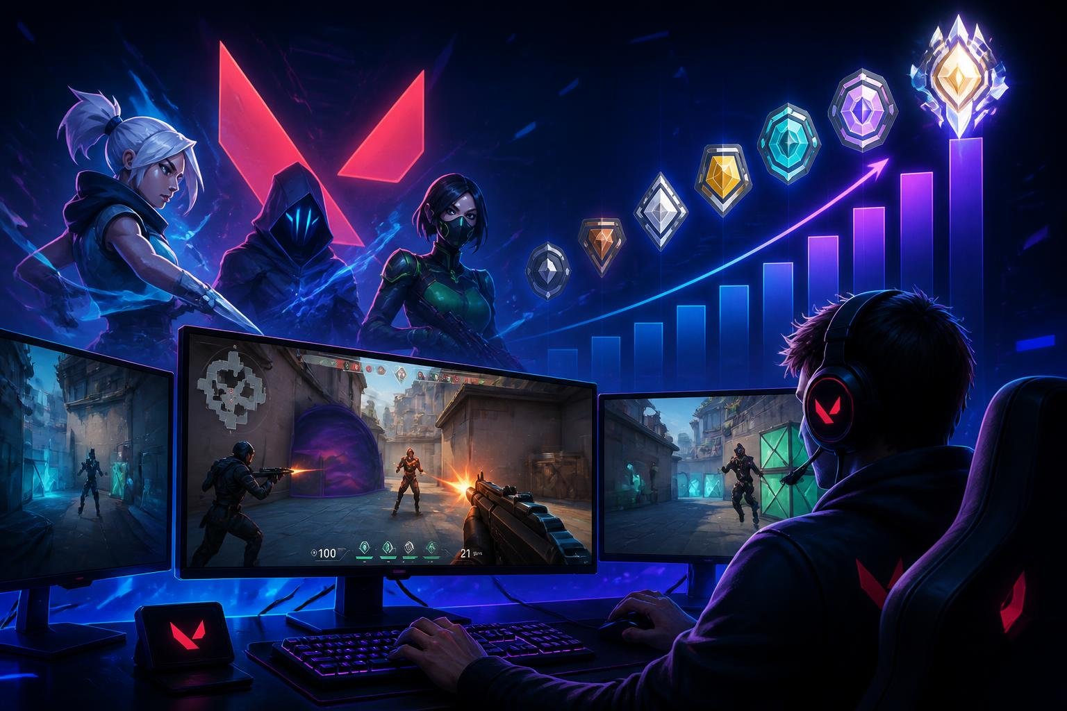 A futuristic gaming setup showing intense Valorant gameplay with characters in combat and visual elements representing ranking progress.
