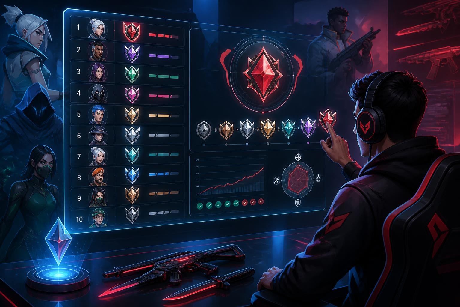 A gamer interacting with a futuristic gaming interface showing ranked account progress and competitive stats with Valorant-themed elements in the background.