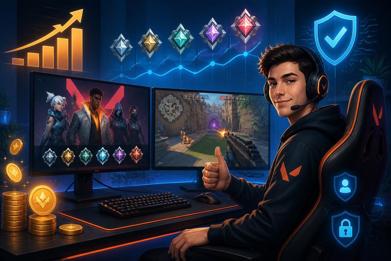 A gamer at a modern desk with dual monitors showing Valorant gameplay and rank icons, surrounded by symbols representing value, security, and progress.
