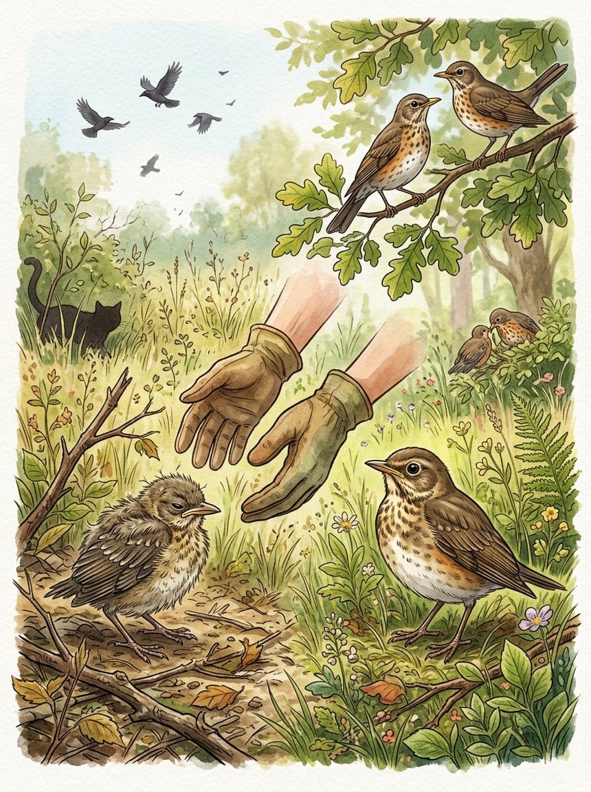 Two contrasting outdoor scenes: a weak baby bird on the ground near a lurking predator with no parent birds visible, and a healthy fledgling on grass with alert adult birds perched nearby.