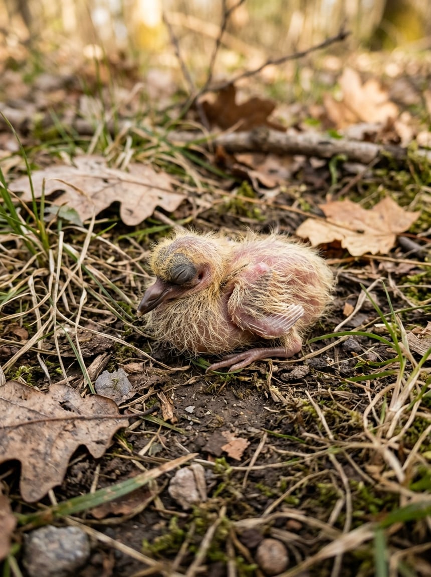 A tiny baby bird with closed eyes and patchy pale down sitting on a bed of grass and fallen leaves, its pink skin visible through the sparse feathers.
