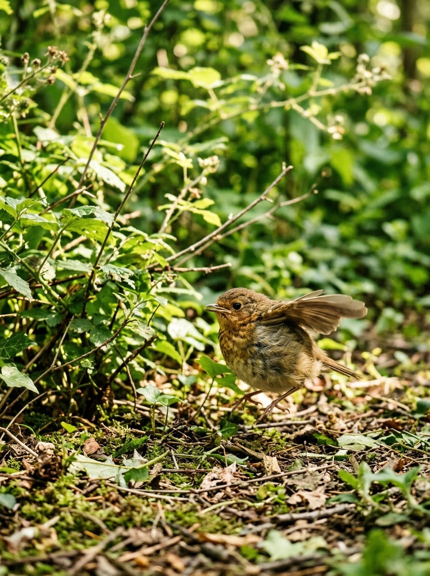A round, well-feathered baby bird hopping at the edge of dense green shrubs, wings slightly lifted as it steadies itself on the grass.