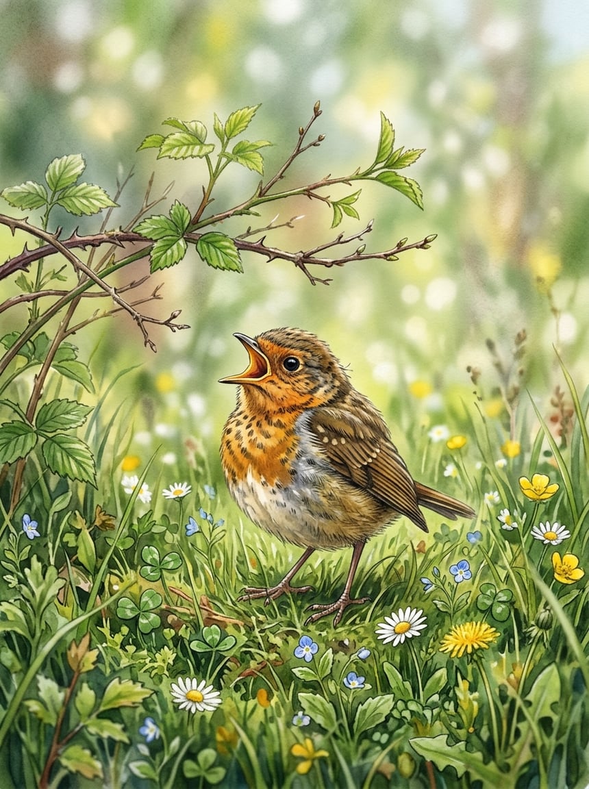 A young robin with rust-tipped breast feathers standing on closely cut green lawn, wings drooping slightly, beak open in a persistent call.