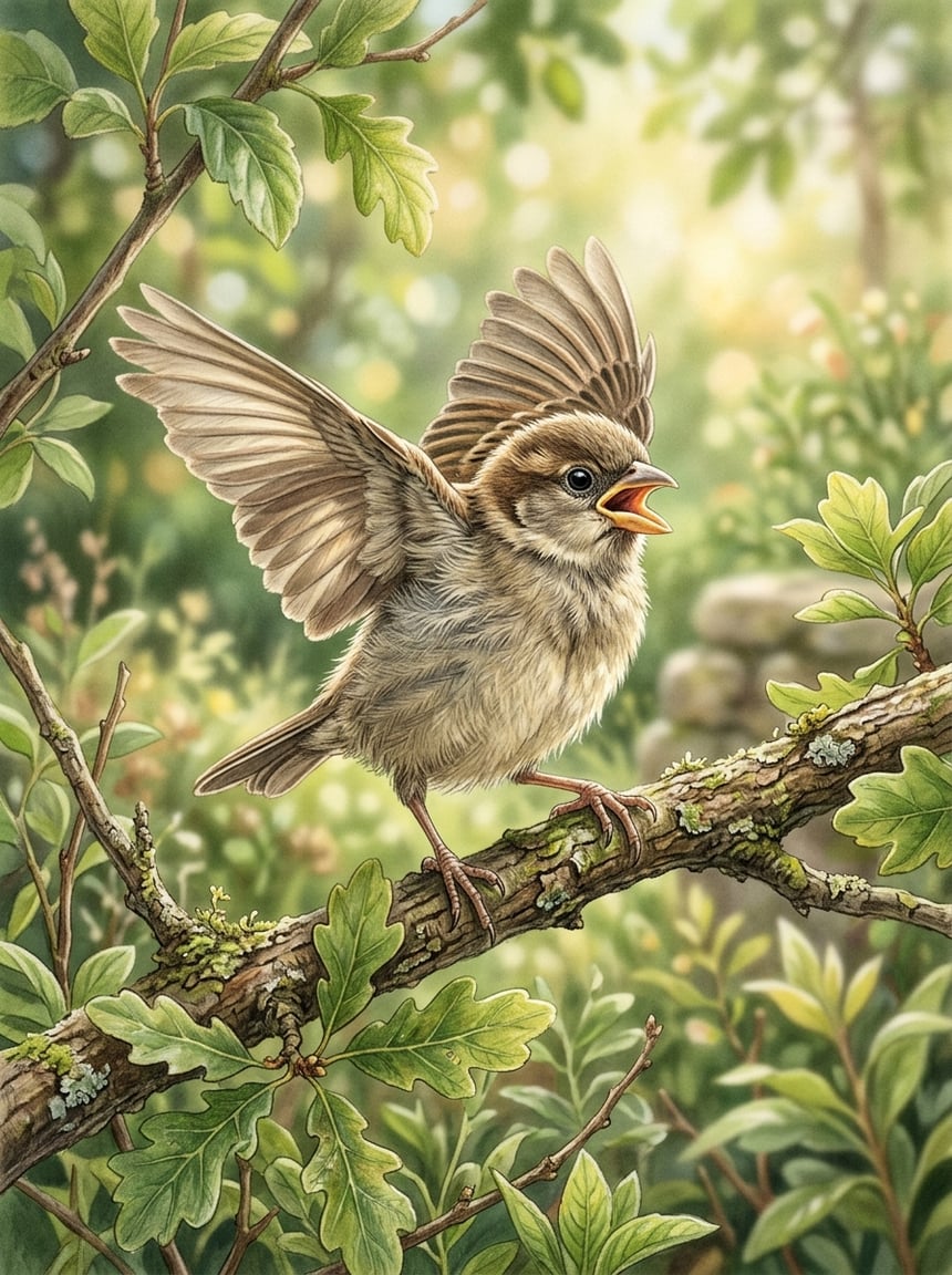 A young house sparrow perched on a low branch among green leaves, head raised and beak open in a loud begging call, tail fanned slightly for balance.