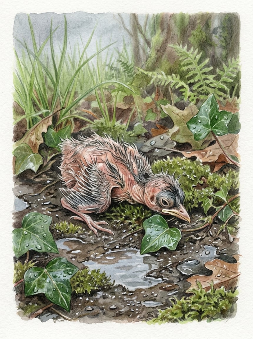 A tiny baby bird lying on its side in wet grass after rain, feathers plastered flat against its body, eyes half-closed.