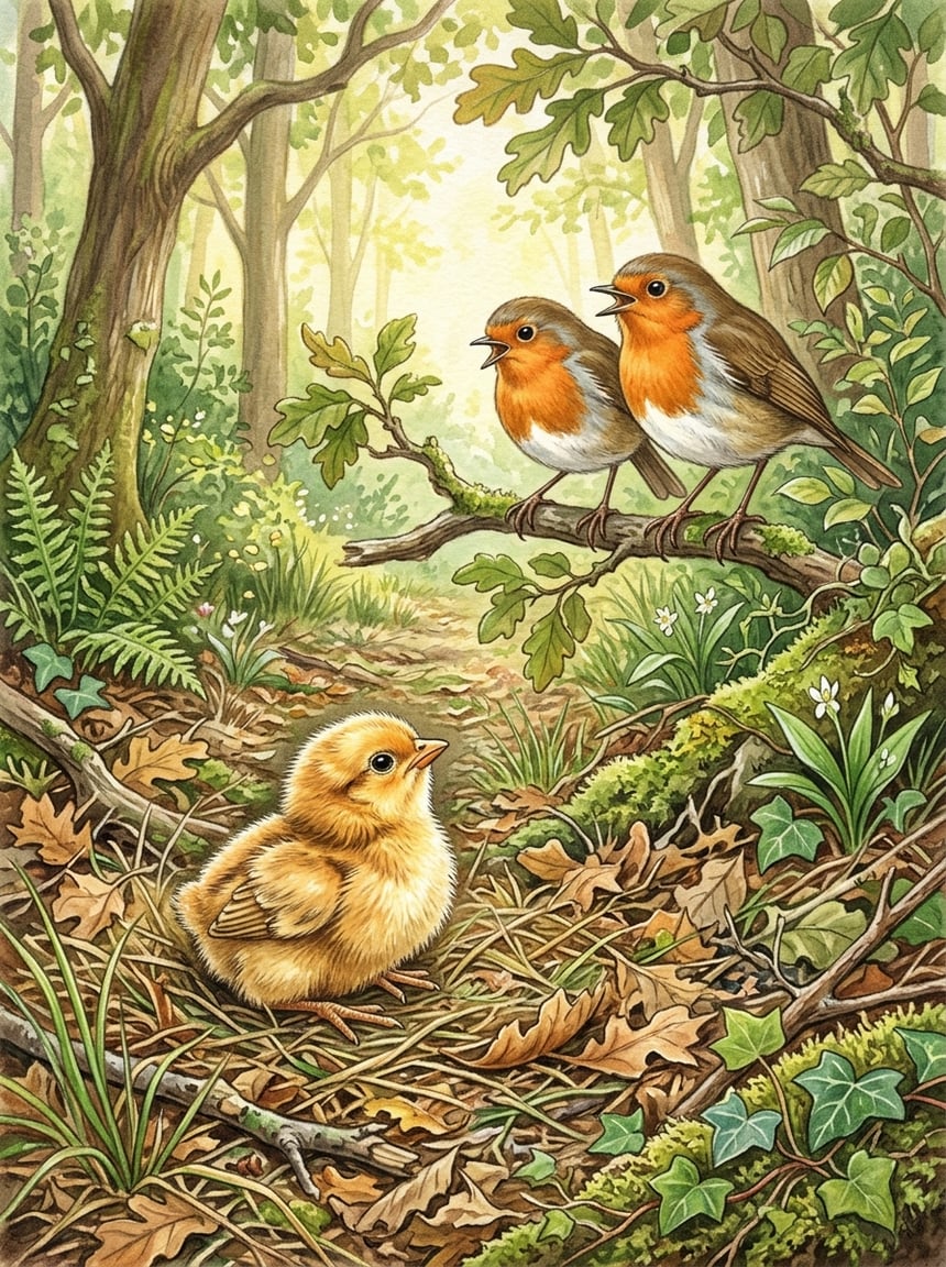 A small, dry, puffed-up baby bird sitting on a lawn while two adult birds perch close by on low branches, beaks open in mid-call.
