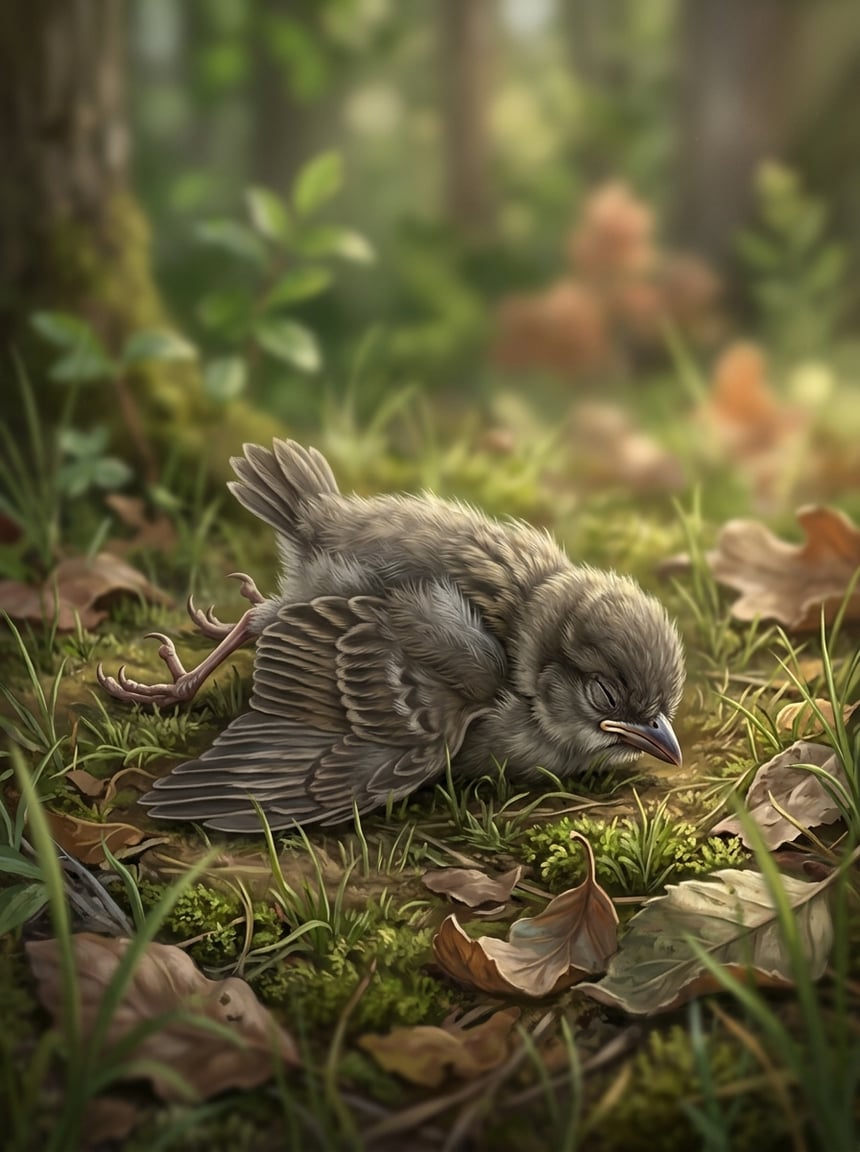 A small baby bird lying on bare ground with legs splayed flat and one wing spread at an unnatural angle, eyes dull and partially closed.