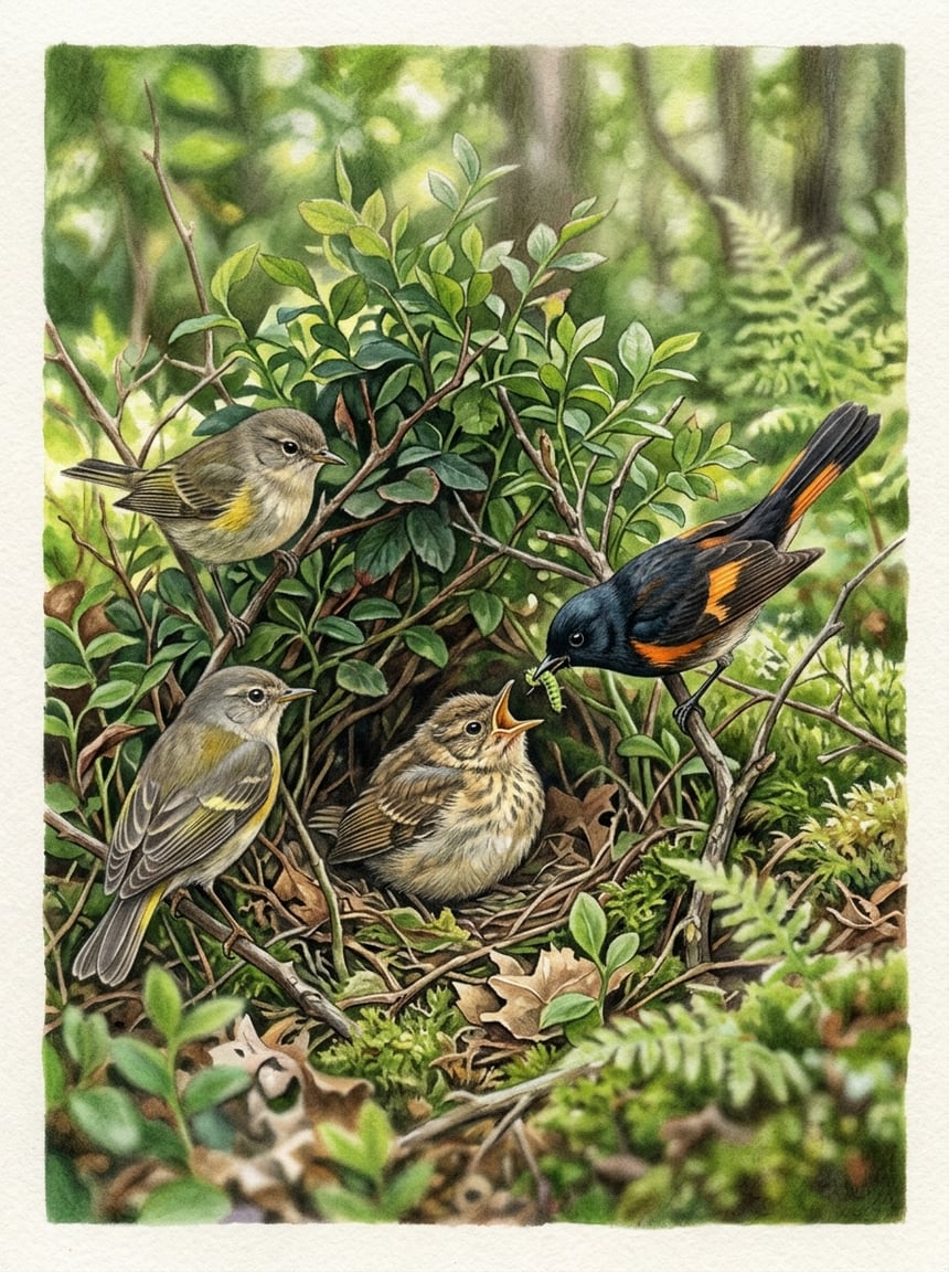 A streaked juvenile warbler crouched flat beneath a low shrub while two adult warblers with insects in their beaks approach from either side.