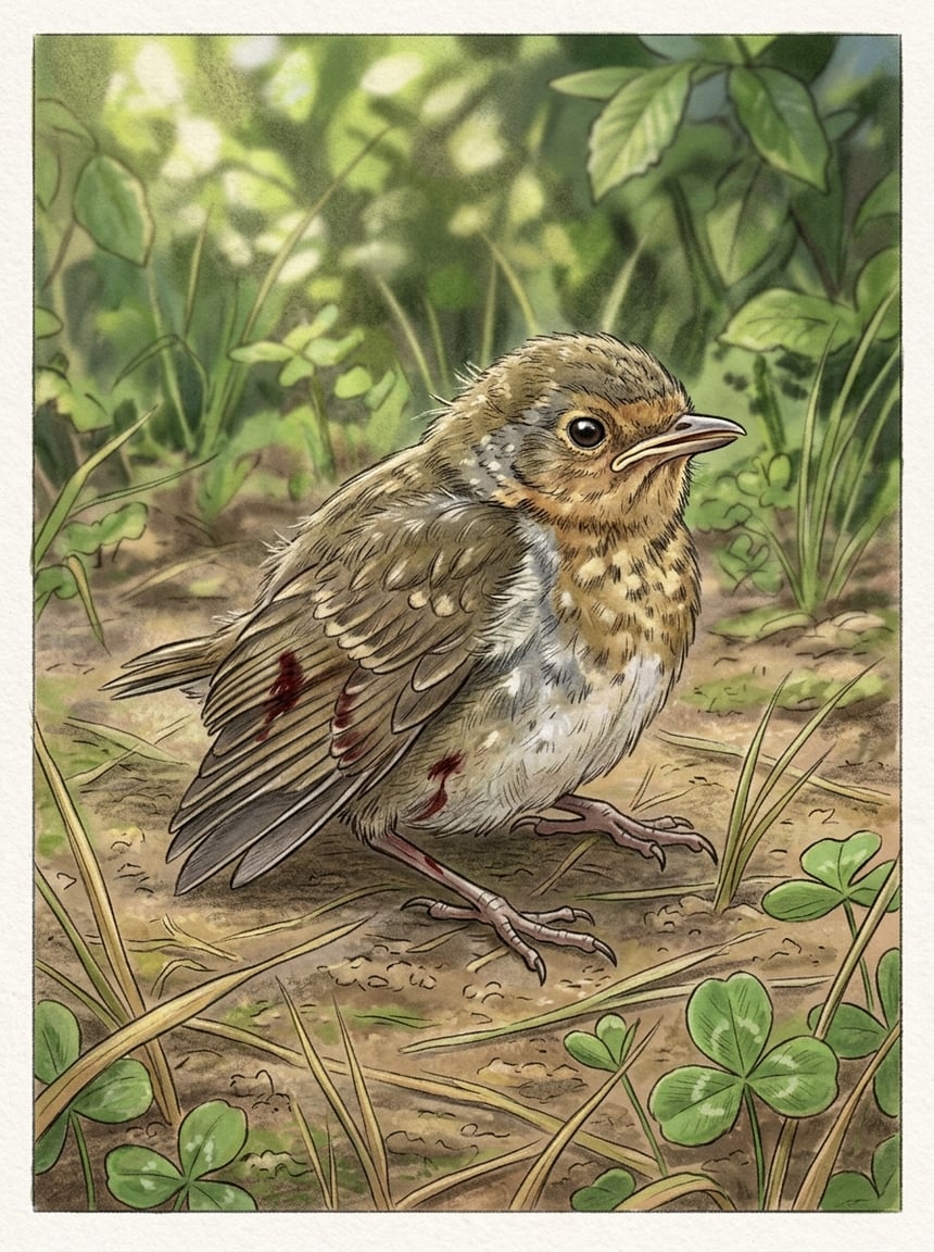 A small injured sparrow on grassy ground with a bright red wound visible on one wing and a thin line of blood on the soil beneath it.