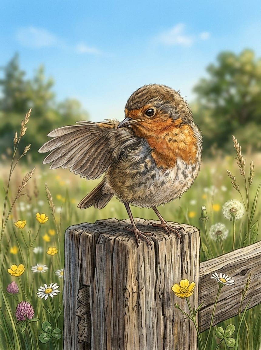 A young bird with short, slightly ragged tail feathers perched on a weathered wooden fencepost, head tilted as it draws one wing feather through its beak in a preening motion.
