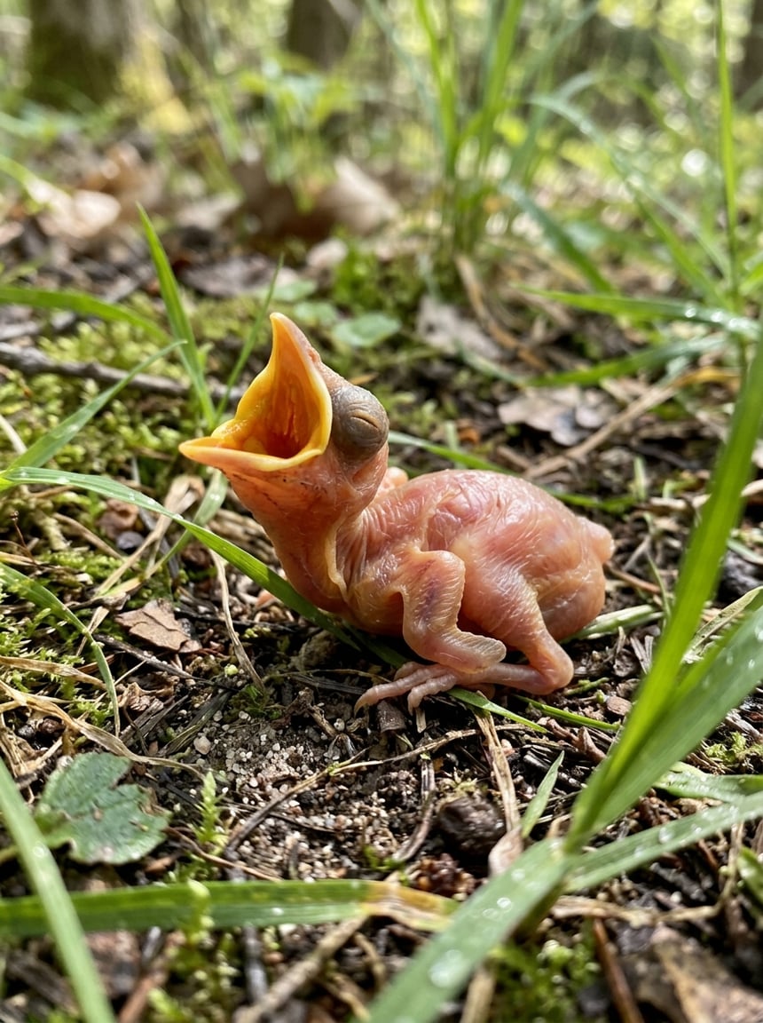 A newly hatched bird the size of a thumb lying on grass, its skin almost translucent pink, mouth stretched wide open in a hunger gape, no feathers visible anywhere on the body.