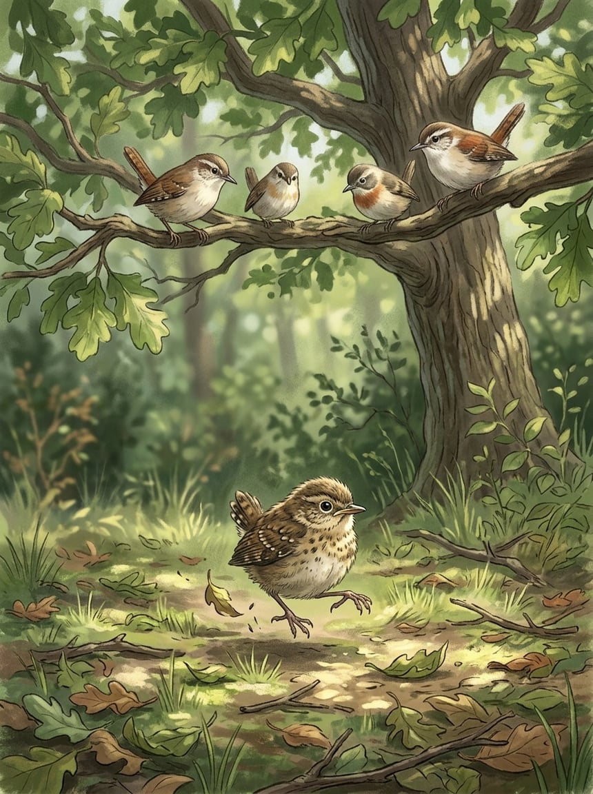 A small brown fledgling tapping across a lawn while two adult birds perch in an oak above, heads angled down in an alert watching posture.