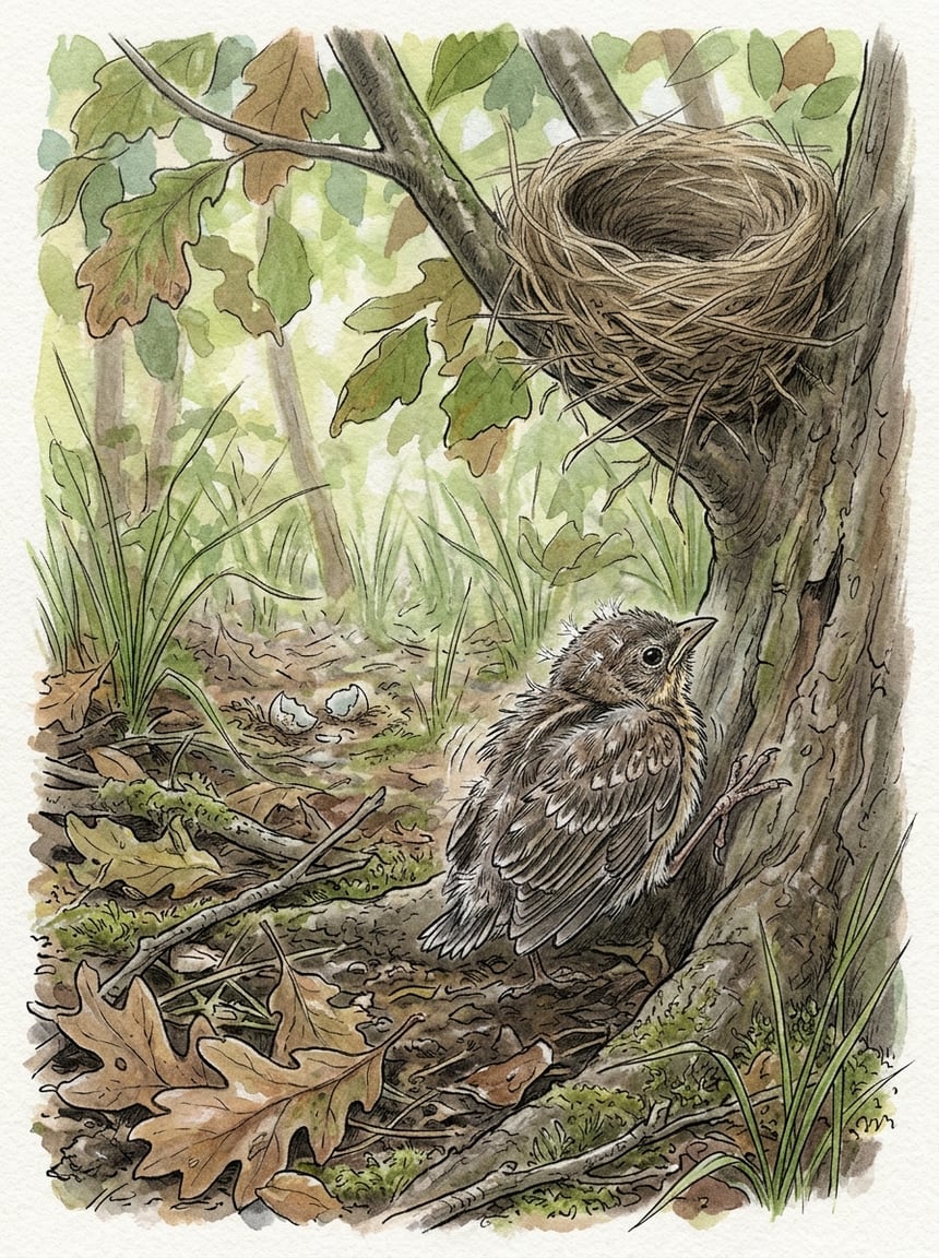 A small downy chick on the ground near the base of a shrub, body hunched low and head tucked under one wing, appearing chilled and exhausted.