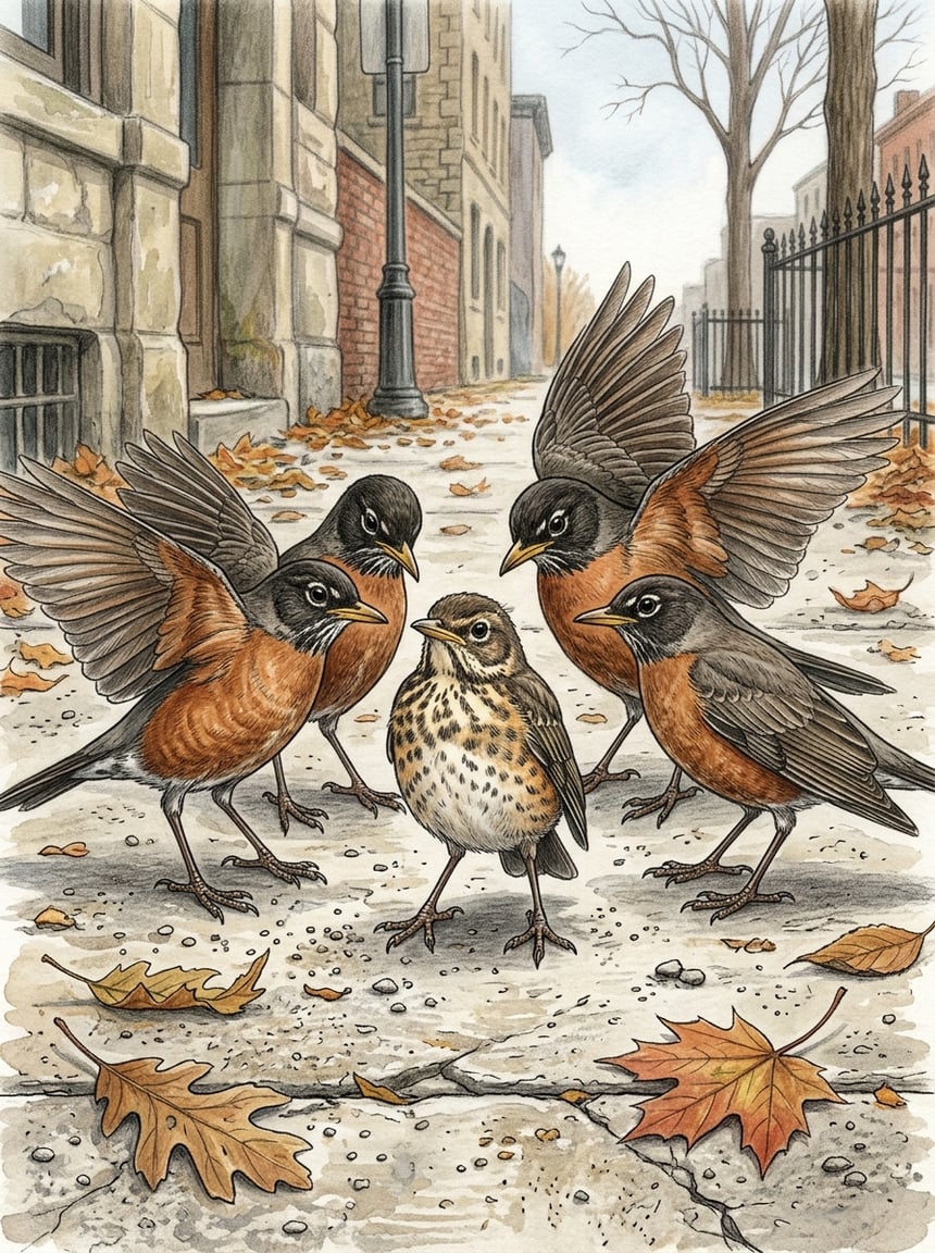A young bird standing upright on a concrete sidewalk, several adult birds swooping low around it with wings spread, the fledgling's posture alert and legs firmly planted.