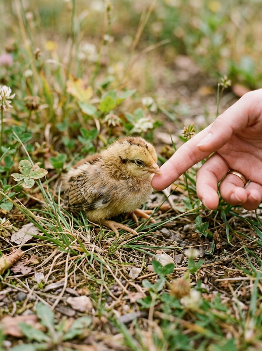 A tiny gray-downed chick lying in an open palm, eyes half-closed, toes loose and uncurled, making no attempt to grip the extended finger beside it.