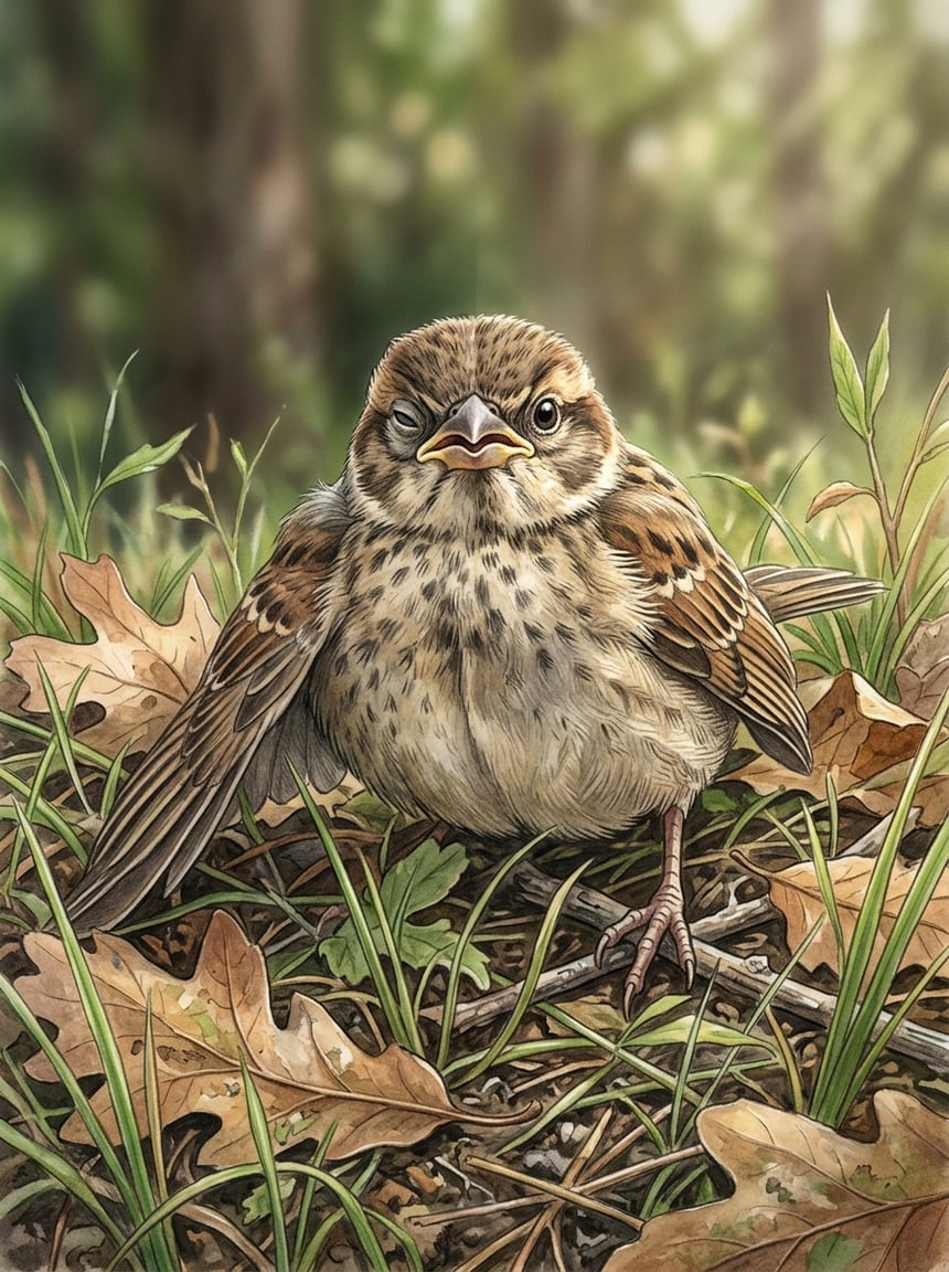 A baby bird crouched low in grass and leaf litter, feathers puffed, head slightly raised with eyes open and alert, surrounded by dappled light.