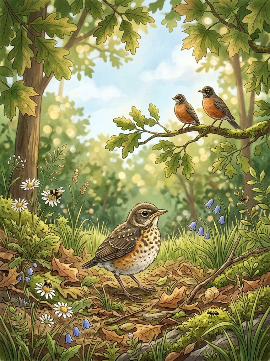 A baby bird sitting in short grass while two adult birds land nearby, one with an insect visible in its beak, surrounded by leafy garden plantings.