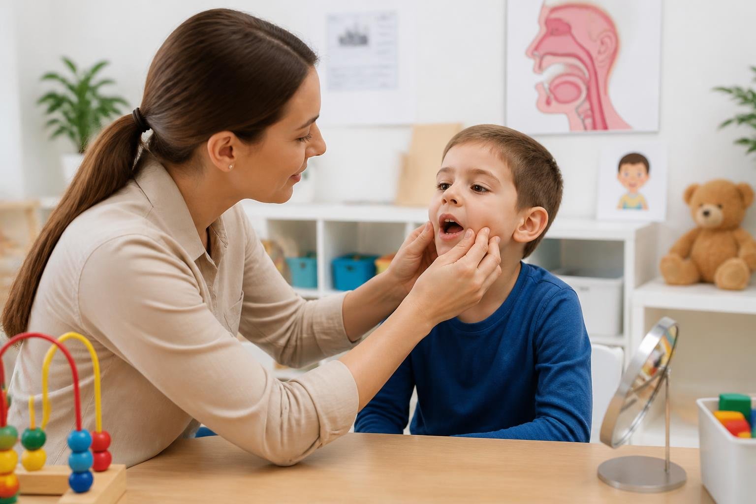 Un terapeuta del habla trabajando con un niño en una sesión de terapia táctil para trastornos del habla en una sala de terapia luminosa y equipada.