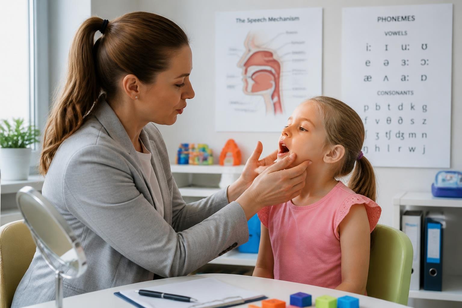 Un terapeuta del habla guiando con las manos la boca de un niño durante una sesión de terapia para mejorar la producción de sonidos.