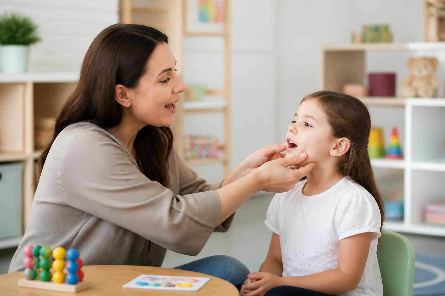 Un terapeuta del habla trabaja con un niño usando técnicas táctiles en un entorno familiar y escolar.