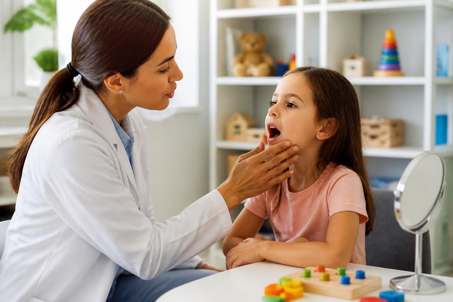Una terapeuta del habla realizando terapia táctil con un niño pequeño en una sala de terapia luminosa y equipada.