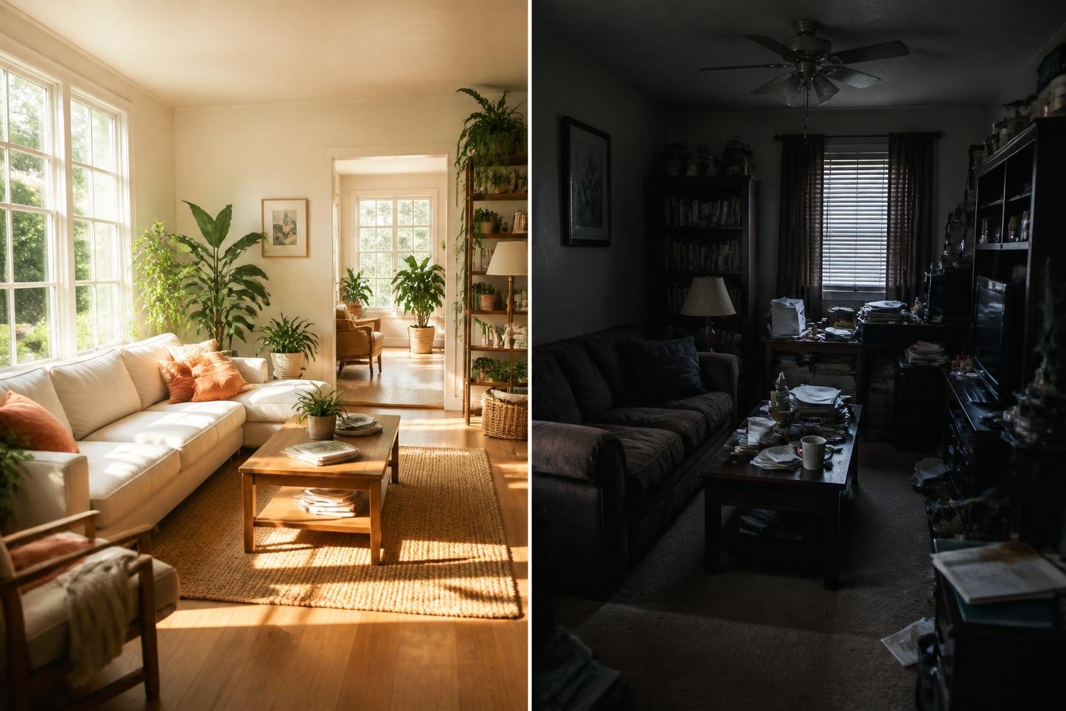 A split image showing a bright, sunny living room with plants and warm furniture on one side and a dark, cluttered room with heavy furniture on the other side.