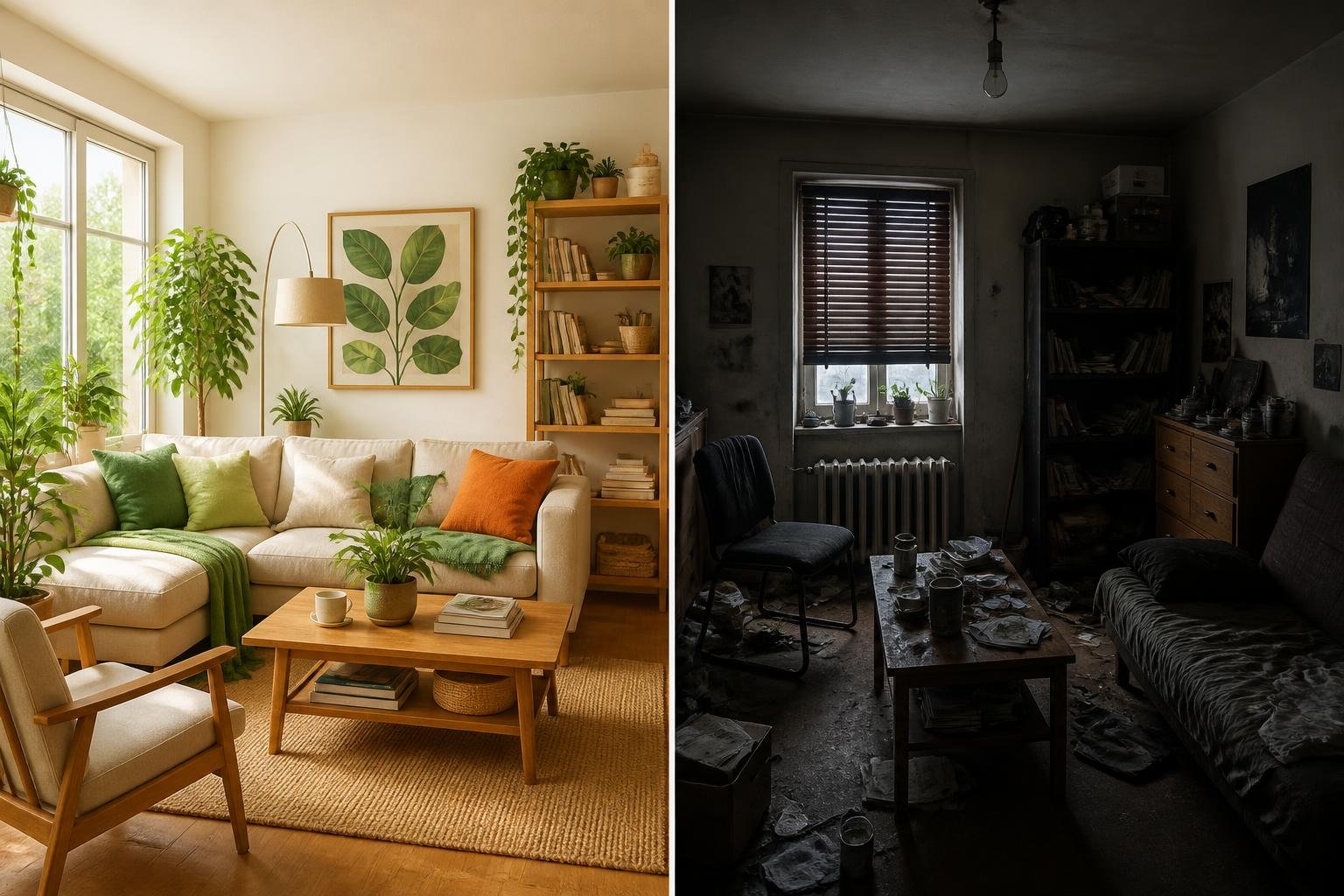 Side-by-side view of two home interiors: one bright and lively living room with plants and sunlight, the other dark and cluttered with minimal light.