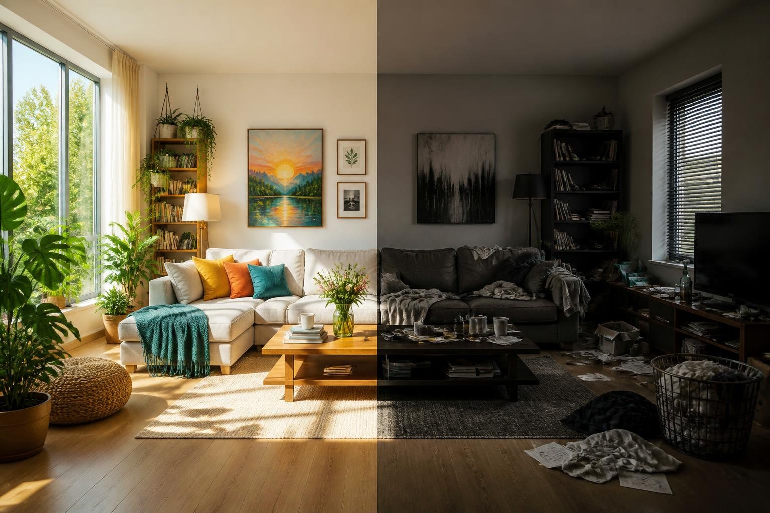 A living room split into two halves, one bright and cozy with plants and sunlight, the other dim and cluttered, showing contrasting home atmospheres.