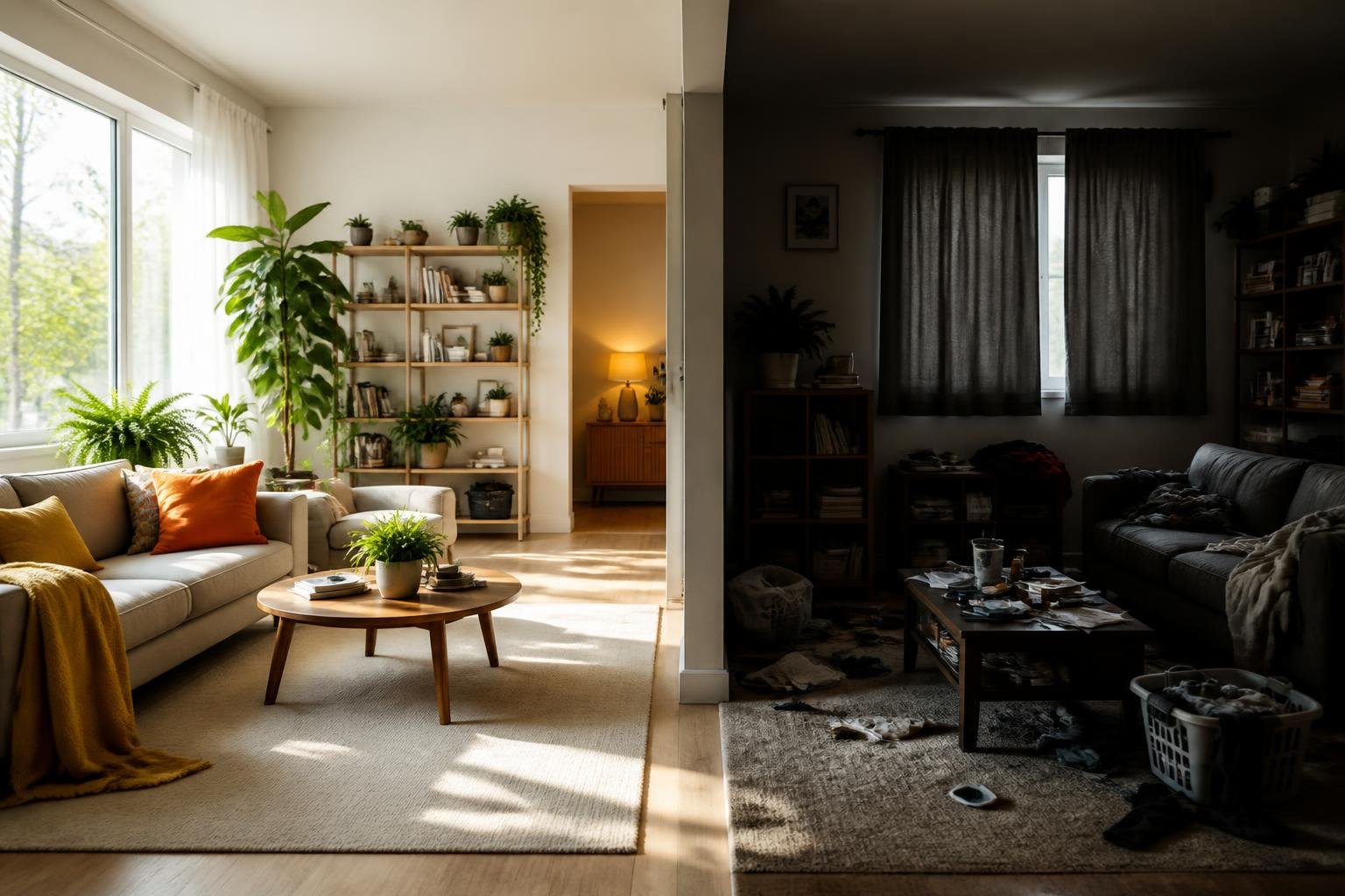 A living room split into two contrasting halves: one bright and lively with sunlight and plants, the other dim and cluttered with muted colors.